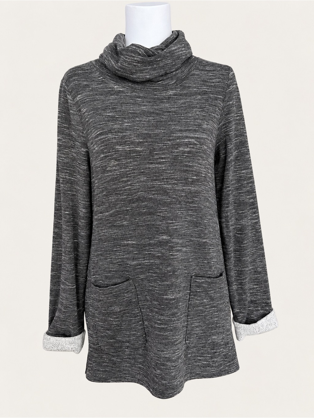 Chico’s Cowl Neck Marled Tunic Sweater Gray with Pockets